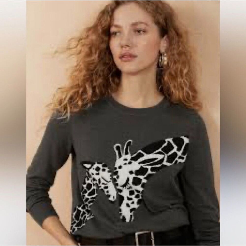 Banana Republic Womens Gray Giraffe Sweater Sz XL Cotton Crew Neck Animal